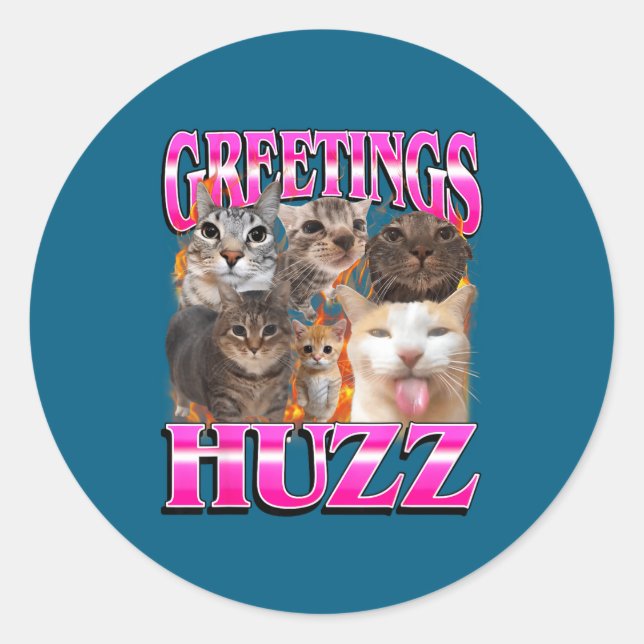 Pegatina Redonda Greetings Huzz Funny Cat Meme Bootleg Graphic Men  (Anverso)