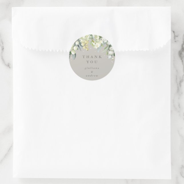 Pegatina Redonda Greige Snowberry+Eucalyptus Boda Gracias (Bolso)
