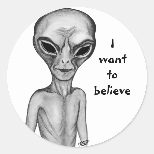 Pegatina Redonda Grey Alien , quiero creer (Anverso)