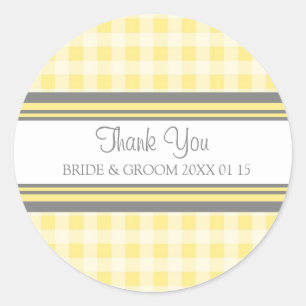 Pegatina Redonda Grey Lemon Gingham Thank You Wedding Favor Tags