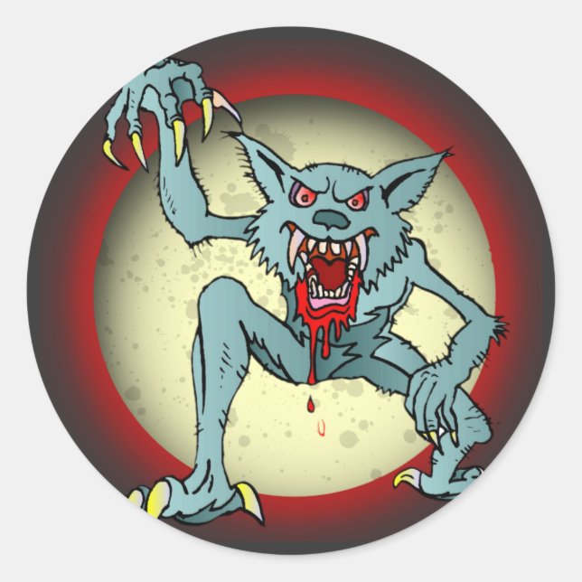 Pegatina Redonda Greyback Werewolf Sangre Rojo Luna Llena Halloween (Anverso)