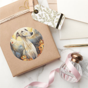 Pegatina Redonda Greyhound de Halloween con calabazas asustadas