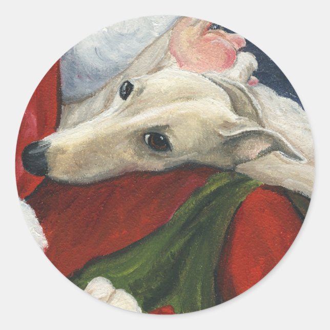 Pegatina Redonda Greyhound y Santa Dog Art Christmas Sticker (Anverso)