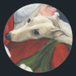 Pegatina Redonda Greyhound y Santa Dog Art Christmas Sticker<br><div class="desc">Este pegatina muestra una reproducción de mi pintura al óleo original de un greyhound y Santa.</div>