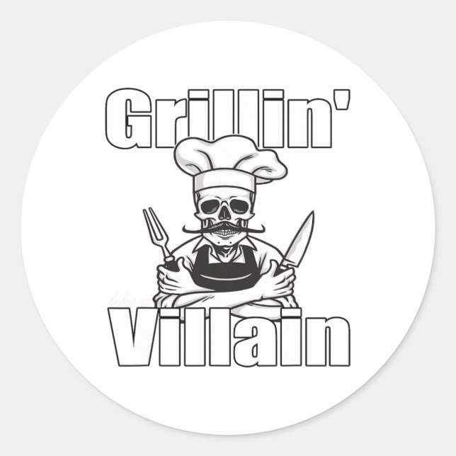 Pegatina Redonda Grilln Como Un Villain Bbq Grillin Y Chillin Gri (Anverso)