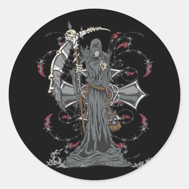Pegatina Redonda Grim Reaper espera (Anverso)