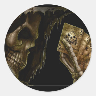 Pegatina Redonda Grim Reaper Juega Cartas Con Mano Ganadora
