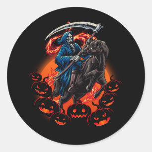 Pegatina Redonda Grim Reaper montando Caballo Mortalidad Reaper Hal