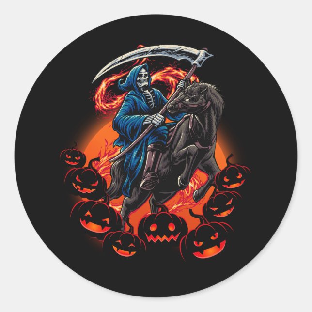 Pegatina Redonda Grim Reaper montando Caballo Mortalidad Reaper Hal (Anverso)