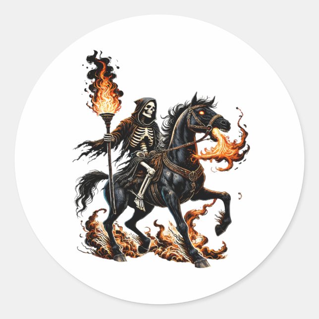 Pegatina Redonda Grim Reaper Skeleton Riding Horse Flames (Anverso)