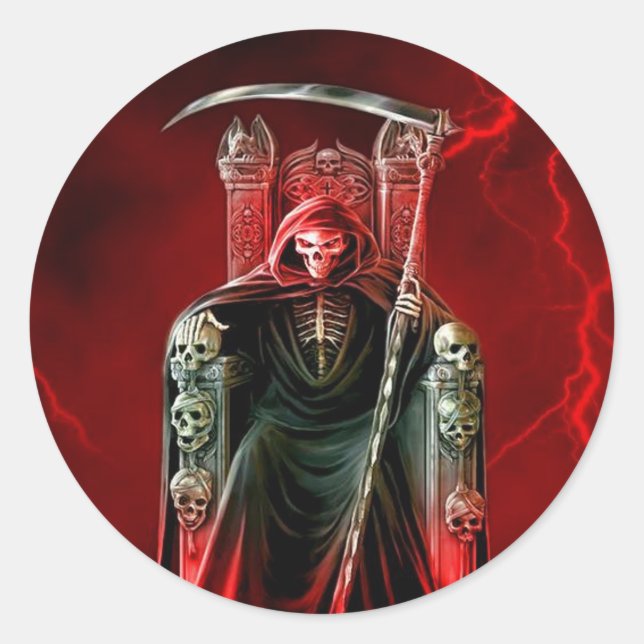 Pegatina Redonda Grim Reaper Sobre Su Trono (Anverso)