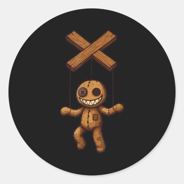 Pegatina Redonda Grimstring – Soky Playful Puppet Marionette Cartoo (Anverso)