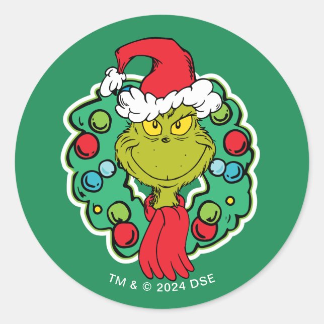 Pegatina Redonda Grinch | Corona de Navidad (Anverso)