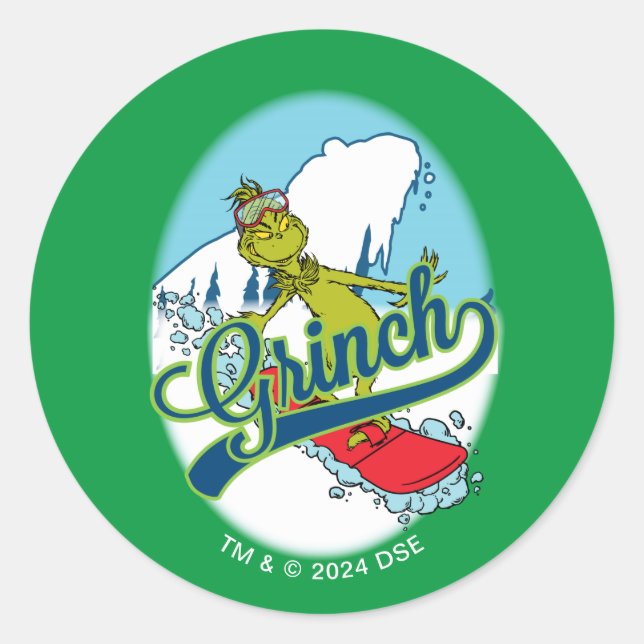 Pegatina Redonda Grinch en Snowboard (Anverso)