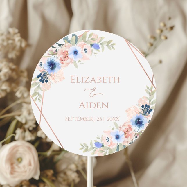 Pegatina Redonda Gris azulado Peach personalizado (Personalized Peach Blue Wedding Classic Round Sticker with your name and date)