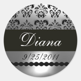 PEGATINA REDONDA GRIS BLANCO NEGRO DAMASK
