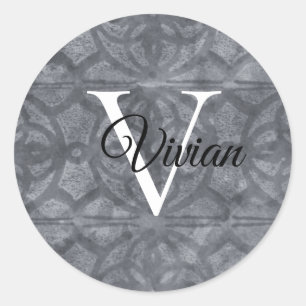 Pegatina Redonda Gris con nombre de monograma blanco