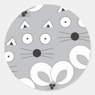 Pegatina Redonda Gris de patrón de gato y ratón