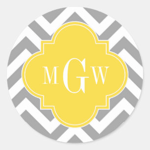 Pegatina Redonda Gris Dk Lg Chevron Pineapple Quatrefoil 3 Monogram