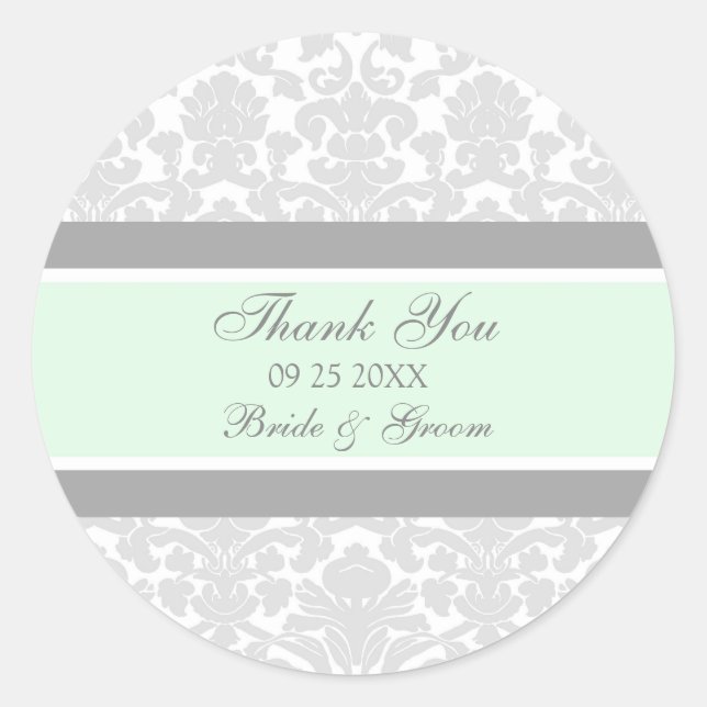 Pegatina Redonda Gris Mint Damask Gracias Bolsas De Favor De Boda (Anverso)