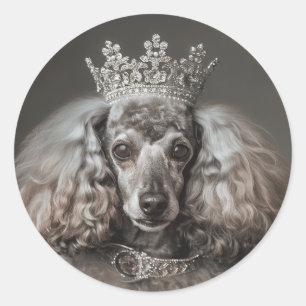 Pegatina Redonda Gris Poodle vestido de princesa