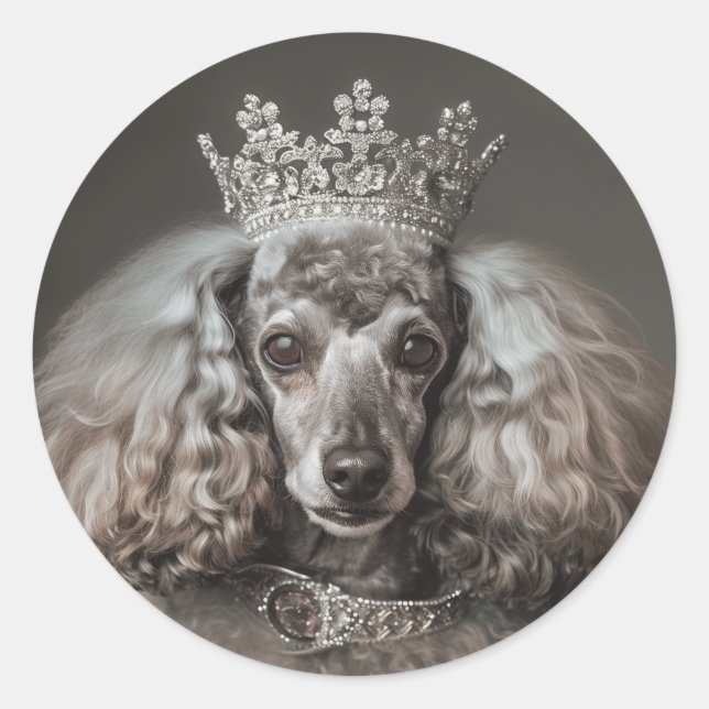 Pegatina Redonda Gris Poodle vestido de princesa (Anverso)