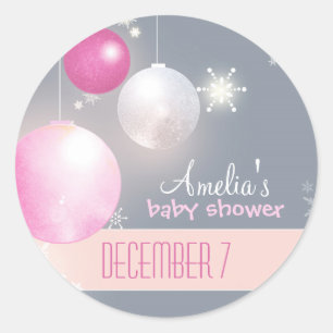 Pegatina Redonda Gris rosa rosado invierno Bebé Chica ducha