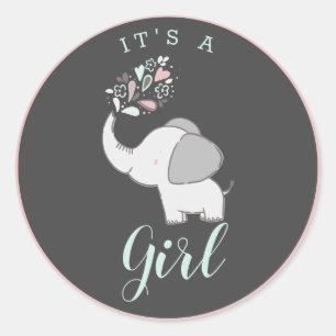 Pegatina Redonda Gris rosado y elefante de menta es un favor Chica
