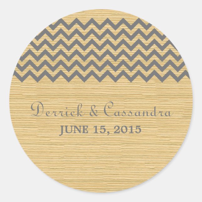 Pegatina Redonda Gris Rustic Chevron Wedding Stickers (Anverso)