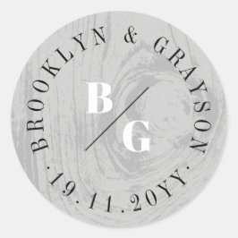 Pegatina Redonda Gris Rustic Woodgrain Texture Winter Wedding Favor