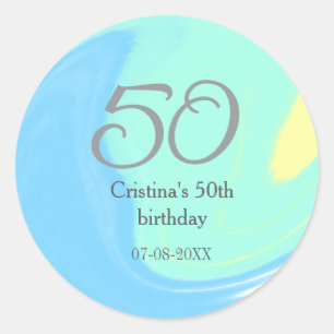Pegatina Redonda Gris verde azul 50 cumpleaños añadir fecha retro