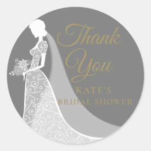 Pegatina Redonda Gris y Blanco Elegante Lace Gown Bridal Shower