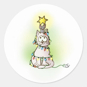 Pegatina Redonda Gris y ratón con luces Navidades