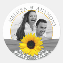Pegatina Redonda Gris Yellow Sunflower Photo Boda Save Date