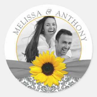 Pegatina Redonda Gris Yellow Sunflower Photo Boda Save Date