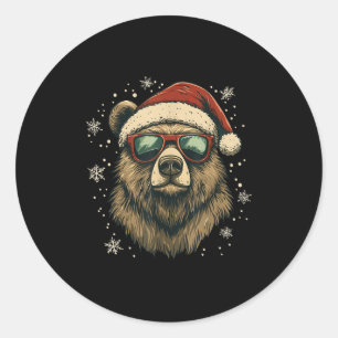 Pegatina Redonda Grizzly Bear Gorro de Santa Divertido Lindo Amante