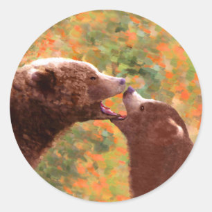 Pegatina Redonda Grizzly Bear Mom and Cub Painting - Wildlife Art