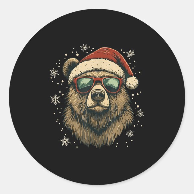 Pegatina Redonda Grizzly Bear Santa Hat Funny Cute Animal Lover Chr (Anverso)