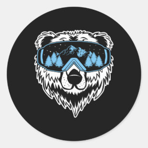 Pegatina Redonda Grizzly Bear Snowboard Goggles Esquí Nieve Inviern