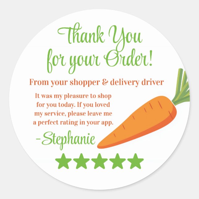 Pegatina Redonda Grocery Delivery Service Thank You Review Stars (Anverso)