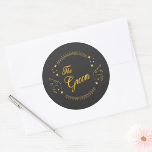 Pegatina Redonda Groom Gold Boda Elegant Script Gold Black