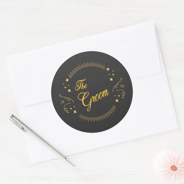 Pegatina Redonda Groom Gold Boda Elegant Script Gold Black (Sobre)