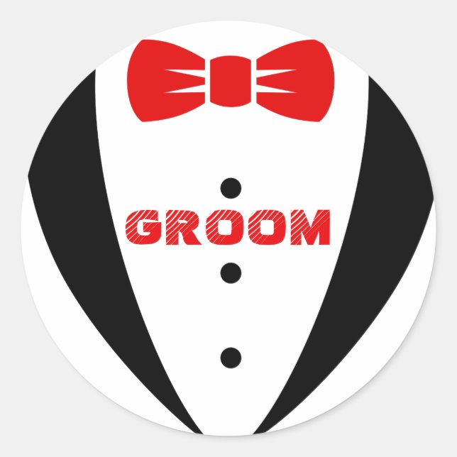 Pegatina Redonda Groom Tex-Black Tuxedo y Red Bowtie (Anverso)