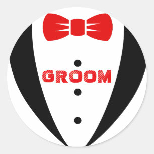 Pegatina Redonda Groom Tex-Black Tuxedo y Red Bowtie