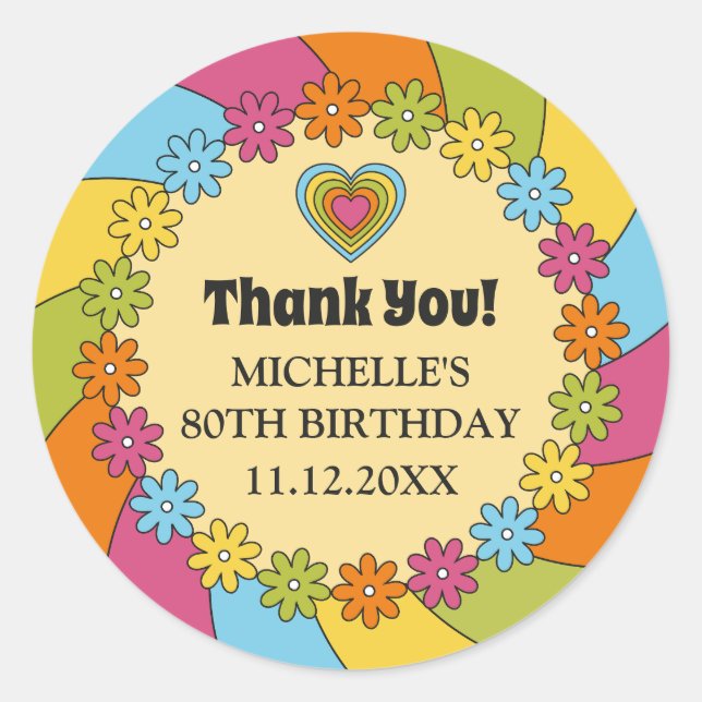 Pegatina Redonda Groovy 1960s Retro Colorful Flowers Hearts Waves  (Anverso)