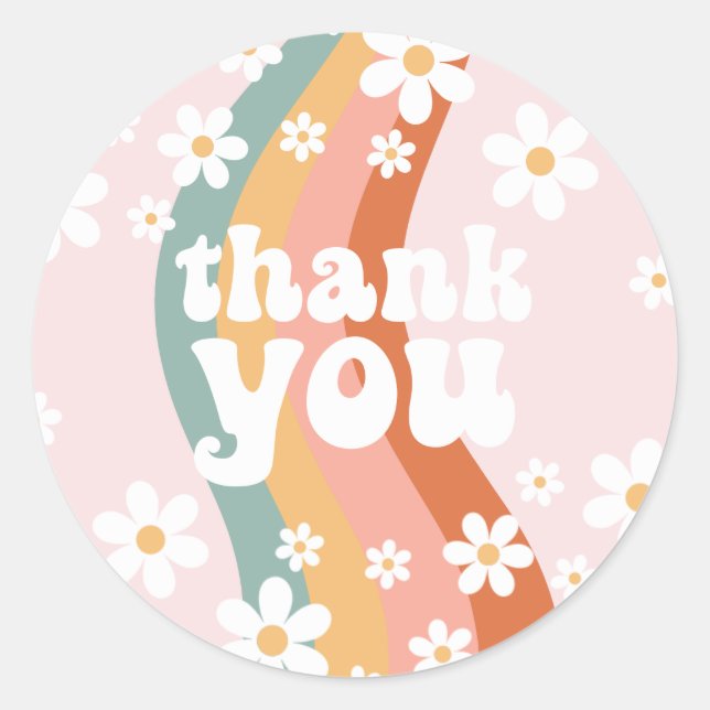 Pegatina Redonda Groovy arcoiris retro una margarita (Anverso)