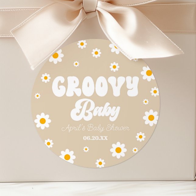 Pegatina Redonda Groovy Baby Daisy Flower Floral Tan Baby Shower (Subido por el creador)