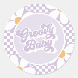 Pegatina Redonda Groovy Baby Daisy Morada a Cuadros
