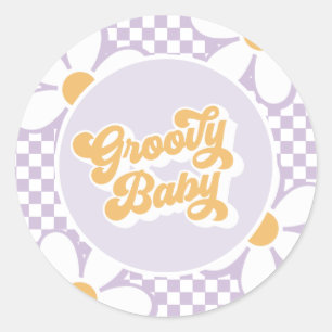 Pegatina Redonda Groovy Baby Morado Daisy Checker