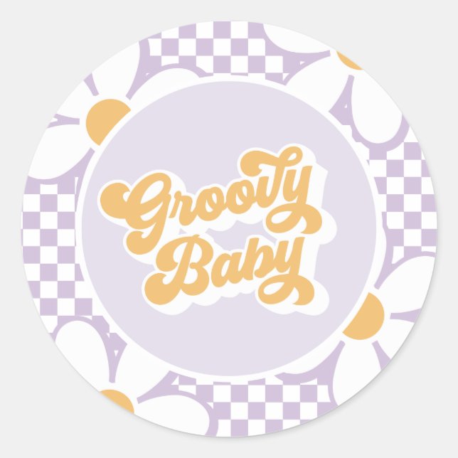 Pegatina Redonda Groovy Baby Morado Daisy Checker (Anverso)